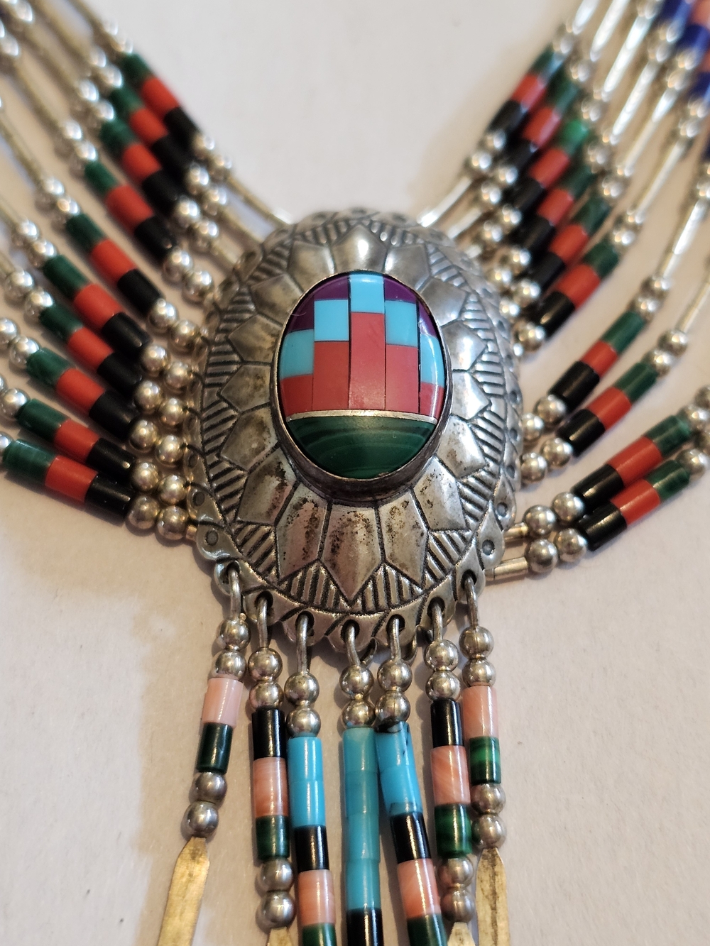 Vintage Southwestern Multi-Strand Liquid Silver & Mosaic Inlay Necklace
